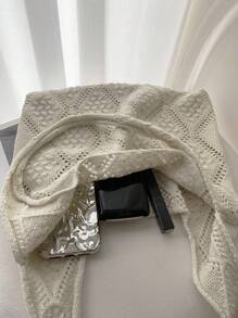 Women's Crocheted Tote Bag, Hollow Solid Color, Vacation Style For Going Out Shopping.