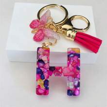 1pc Women's Initial Keychain With Pink Resin Letter, Rhinestone & Butterfly Pendant For Bag/Purse Boho - Hot Pink - View 38