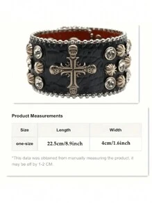 男女適用骷髏十字形鑲鑽手鐲,pu手帶嘻哈庞克風格,白水晶鑲嵌 Y2k萬聖節手環 - 黑色 - 查看 3