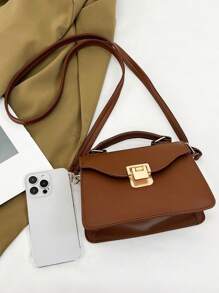 Fashionable & Simple Texture Solid Color Shoulder & Crossbody & Hand Bag With Metal Hardware, Small Square Bag For Women - Chocolate Brown - View 4
