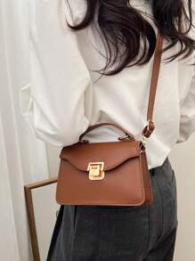 Fashionable & Simple Texture Solid Color Shoulder & Crossbody & Hand Bag With Metal Hardware, Small Square Bag For Women - Chocolate Brown - View 3