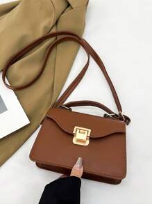 Fashionable & Simple Texture Solid Color Shoulder & Crossbody & Hand Bag With Metal Hardware, Small Square Bag For Women - Chocolate Brown - View 5