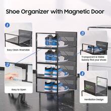 6packs Shoe Storage Boxes, Clear Plastic Stackable Shoe Organizer For Closet, Shoe Box With Magnetic Door, Foldable Shoe Storage Bin, Sneaker Storage Box Shoe Rack Container Holder - Black - View 4