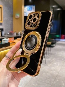 1個鍍金純色、加厚、防摔、高檔、時尚豪華的手機戒指支架,磁吸式手機殼,軟殼,適用於蘋果手機 - 黑色 - 查看 2