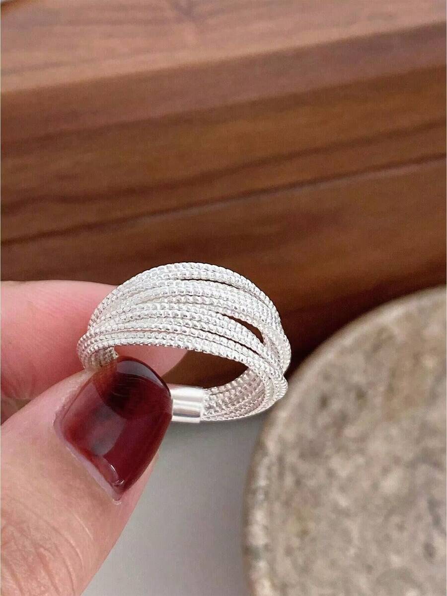 1枚S925纯银独特线条设计可调节开口戒指，女士珠宝，适合派对、生日礼物、婚礼、订婚、新娘珠宝 - 銀色 - 查看 1