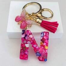 1pc Women's Initial Keychain With Pink Resin Letter, Rhinestone & Butterfly Pendant For Bag/Purse Boho - Hot Pink - View 30