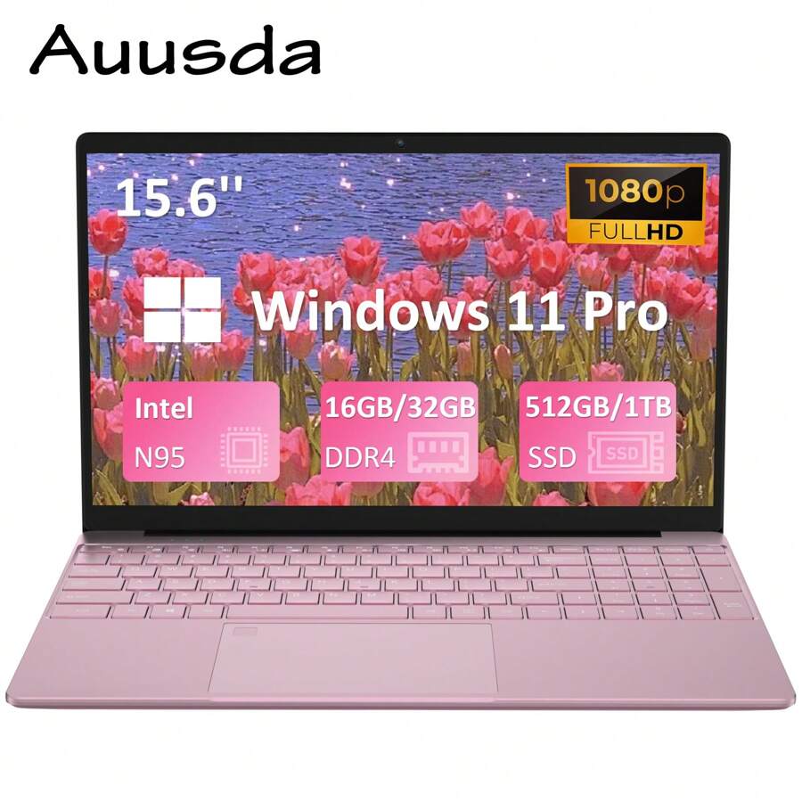 Auusda 笔记本电脑 T152A,配备 15.6 英寸 FHD IPS LCD 屏幕、英特尔高达 2-3.4 GHz、背光键盘、指纹读取器、Mini HD、USB-A X2、Windows 11 Pro(16/32GB DDR4 RAM 和 512GB/1TB M.2 PCIe NVMe SSD)、粉色 - 美規A型插(110-127V) - 查看 1