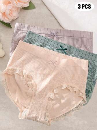 3入組女性花紋蕾絲邊高彈性三角褲，多種顏色可選