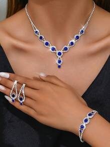 4 件全水钻首饰套装，包括项链、耳环、手链、时尚新娘配饰 - 首飾套裝 - 查看 5