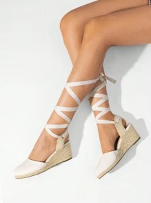 Women's Closed Toe Lace Up Espadrilles Fashion Straps Sandals  Vocation Beach Dressy Summer Platform Wedge Sandals Shoes - trắng - Xem 5