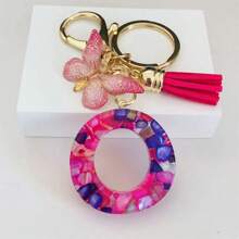 1pc Women's Initial Keychain With Pink Resin Letter, Rhinestone & Butterfly Pendant For Bag/Purse Boho - Hot Pink - View 28