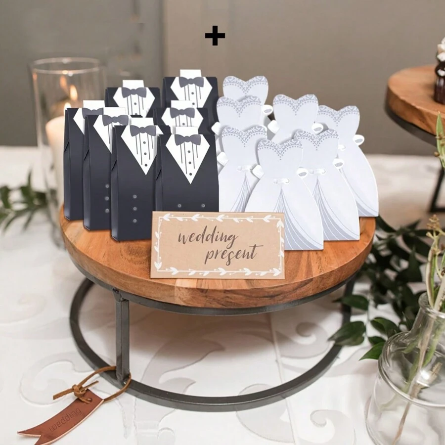 10pcs Wedding Gift Box Set, Bridal & Groom Formal Wear Shaped Candy Boxes With Ribbon, Great For Wedding Party Decoration, Gift Packaging And Storage Supplies - Multicolor - View 1