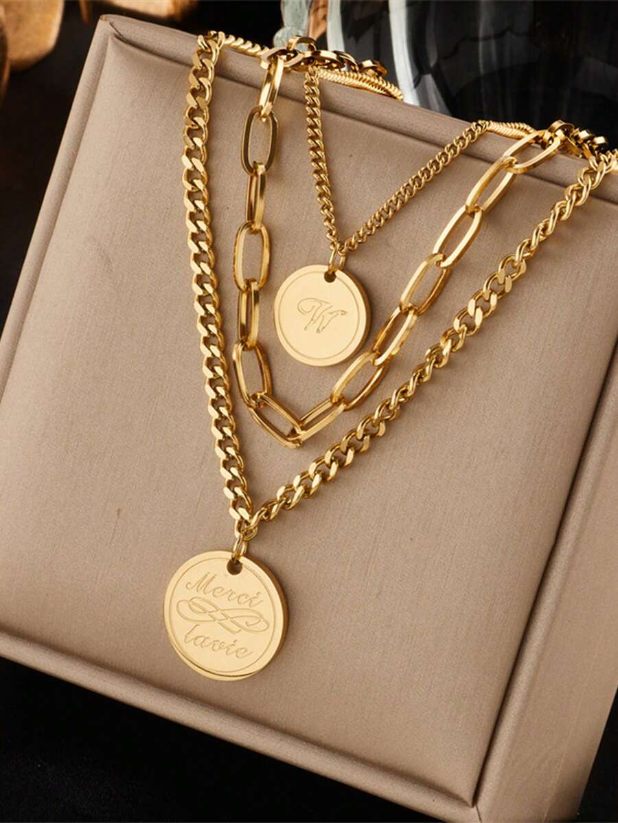 1pc Fashionable Simple Multi-Layered Retro Stainless Steel Engraved Round Pendant Necklace, Suitable For Daily Wear - Yellow Gold - View 1