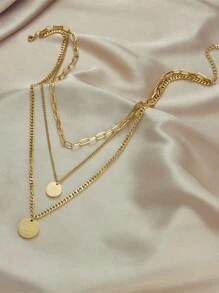 1pc Fashionable Simple Multi-Layered Retro Stainless Steel Engraved Round Pendant Necklace, Suitable For Daily Wear - Yellow Gold - View 4