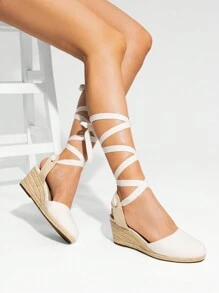 Women's Closed Toe Lace Up Espadrilles Fashion Straps Sandals  Vocation Beach Dressy Summer Platform Wedge Sandals Shoes - trắng - Xem 1
