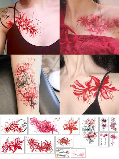 Set de 13 pegatinas de tatuaje temporal con patrón de flor de mandala roja de estilo chino sexy, con patrones pequeños para el pecho, la clavícula y los brazos, resistente al agua y de larga duración (1-7 días), para hombres y mujeres, de moda