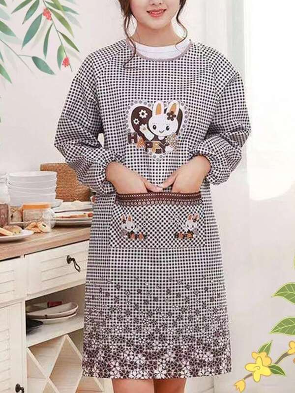 1pc Random Color Cartoon Pattern Korean-Style Long Sleeve Apron, Durable Coat For Outwear
