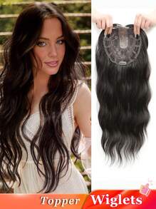 女性髮頂20英寸長波浪捲髮頂,最深的棕色合成假髮片,可以夾在頭髮中