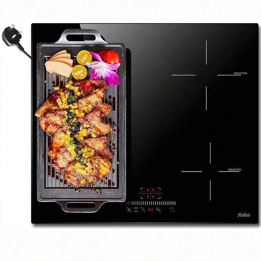 Hobsir Plug In Induction Hob 4 Zones Electric Hob 60cm With Flexible Zone For Griddle Plate, Bulit-In, 2800W, Slider Touch, Timer, Child-Lock, Pause Function,13 Amp - Black - View 1