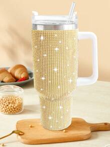 1pc 40oz Bling Travel Mug With Handle For Car, Rhinestone Decor - Gold - View 1