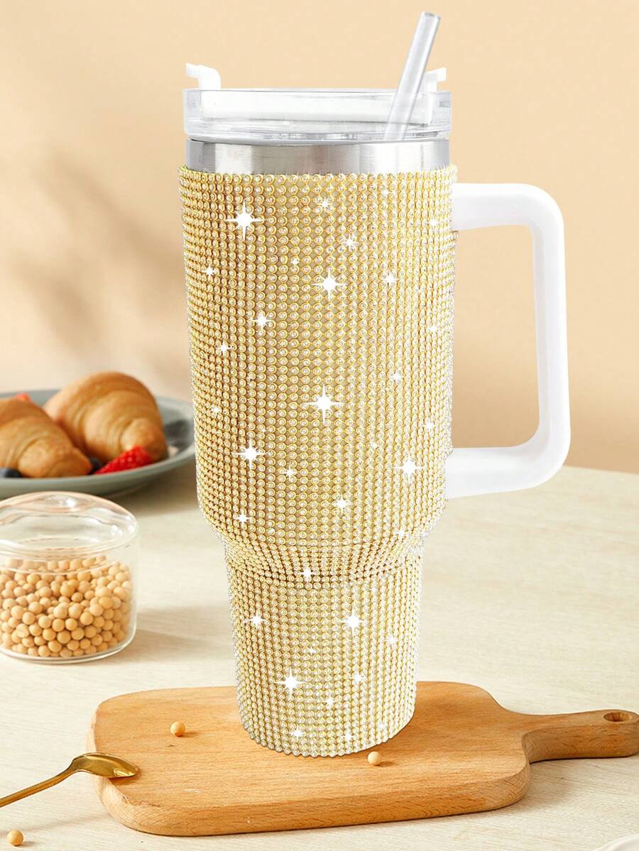 1pc 40oz Bling Travel Mug With Handle For Car, Rhinestone Decor - Gold - View 1