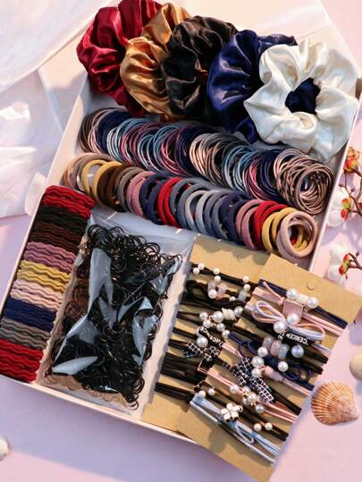 1085PCS Dark Hair Accessories For Woman Set Seamless Ponytail Holders Variety Hair Scrunchies Hair Bands Scrunchy Hair Tie Dopamine