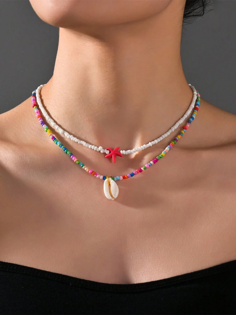 2入組/套貝殼墜飾串珠項鏈 - 彩色 - 查看 1