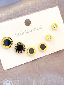 6pcs/Set Stainless Steel Small Round Earrings Embedded With Roman Numerals & Rhinestone, Suitable For Daily Wear