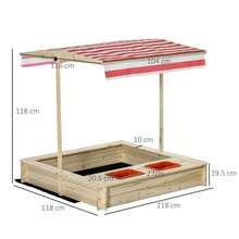 Sabbiera per Bambini 3-8 Anni in Legno con Tettuccio Regolabile e Sedili, Gioco da Giardino con 2 Bacini, 118 x 118 x 118 cm - Giallo - Visualizzare 2