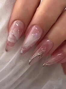 24片法式白边美甲贴片，吸血鬼风格，杏仁形，黑色法式尖头，法式尖头，按压式美甲贴片，适合学生、上班族女性日常佩戴，也适合派对和舞会等场合。美甲用品 - 彩色 - 查看 2