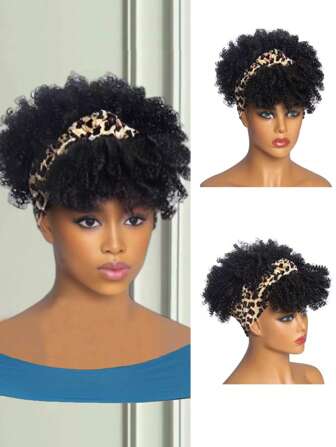 Print Women's African Style Wig Headband - Short Curly Hair Short Black Wig, Curly Synthetic Black Wig With Bangs, Scarf Wig With Headscarf Drawstring African Style High Fluffy Headband