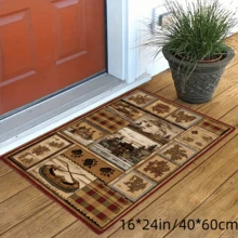 1入組棕色九宮格風格山水和熊和鹿圖案裝飾地毯,使用水晶絨面料,800克/平方米,點膠防滑底部和花朵壓花技術,適用於客廳和臥室地板裝飾,防水和舒適的坐墊,可用於酒店客房地板裝飾 - 棕色 - 查看 6