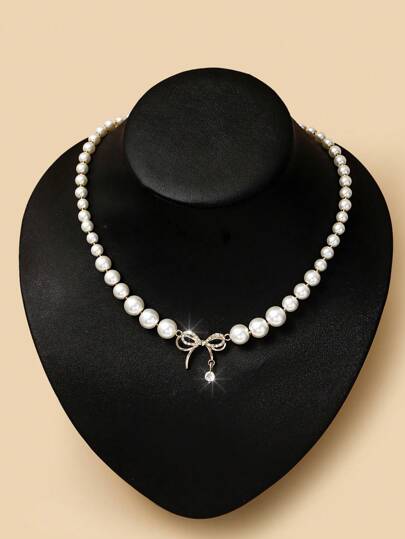 1pc Alloy Bowknot Crystal & Faux Pearl Decorated Versatile Necklace, Classic & Popular