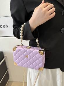 Túi xách hộp trang trí đính đá Rhinestone hình lưới kim cương chần bông chắc chắn có dây đeo xích kim loại, Túi đeo chéo nữ, Quà tặng thời trang - Màu tím - Xem 8