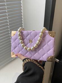 Túi xách hộp trang trí đính đá Rhinestone hình lưới kim cương chần bông chắc chắn có dây đeo xích kim loại, Túi đeo chéo nữ, Quà tặng thời trang - Màu tím - Xem 4