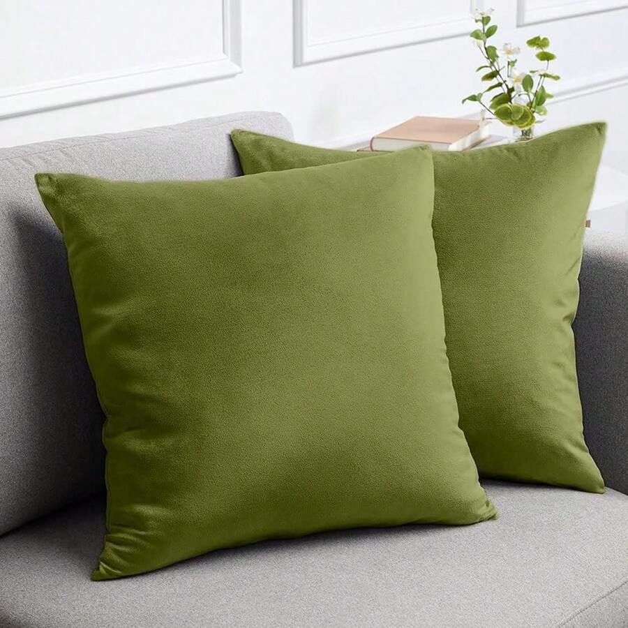 1pc Plain Cushion Cover Without Filler, Plush Square Pillowcase For Sofa, Home Decor - Olive Green - View 1
