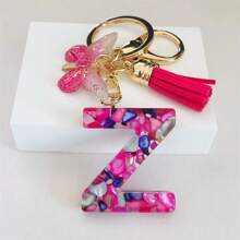 1pc Women's Initial Keychain With Pink Resin Letter, Rhinestone & Butterfly Pendant For Bag/Purse Boho - Hot Pink - View 27