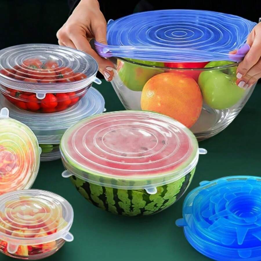 Juego de 24 tapas Herméticas Silicon elásticas Reutilizable tapas Extensible silicona cubiertas silicona  para almacenamiento de alimentos 6 tamaños Diferentes - Multicolor - Ver 1