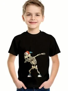 Camiseta de manga corta con estampado de esqueleto en pose de moda para niño preadolescente, adecuada para niños de 7 a 14 años