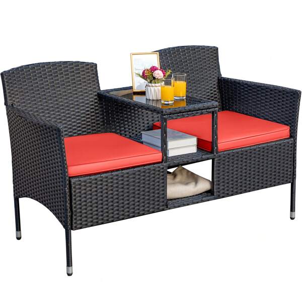 Rankok Outdoor Patio Rattan Loveseat  Porch 2-Seat Patio Conversation Set With Cushions & Built-In Coffee Table  For Garden Lawn Backyard