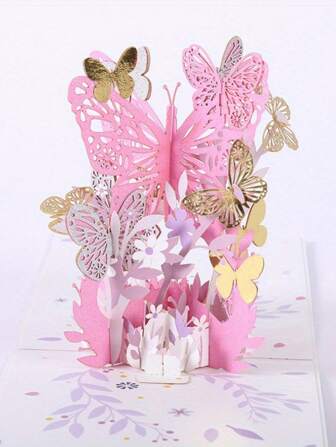 1pc Creative Butterfly Hollow Out Flower 3d Greeting Card With Fold For Mother's Day, Festival Blessing