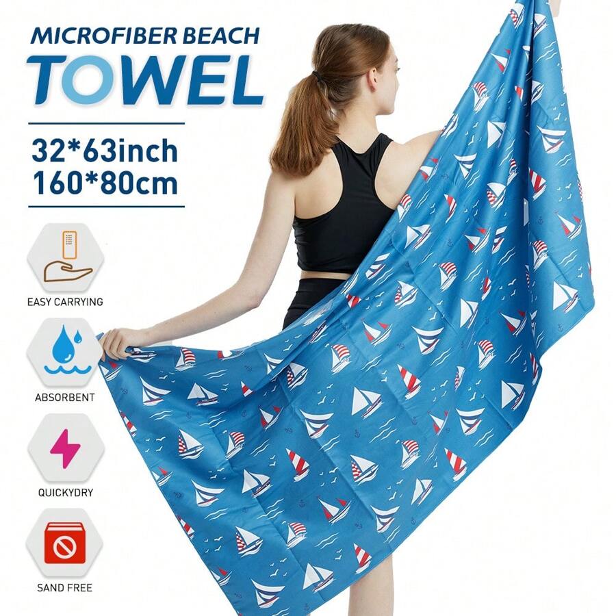 WAVEBOHA 1 Khăn che phủ bãi biển thiết kế thuyền buồm màu xanh lam được làm bằng chất liệu sợi siêu mịn, nhanh khô, siêu thấm, mềm mại, di động, thích hợp cho bãi biển, bờ biển, phòng tắm, bơi lội và thể dục, dễ dàng làm sạch và chăm sóc, chất liệu thoải mái - Màu xanh lam - Xem 1