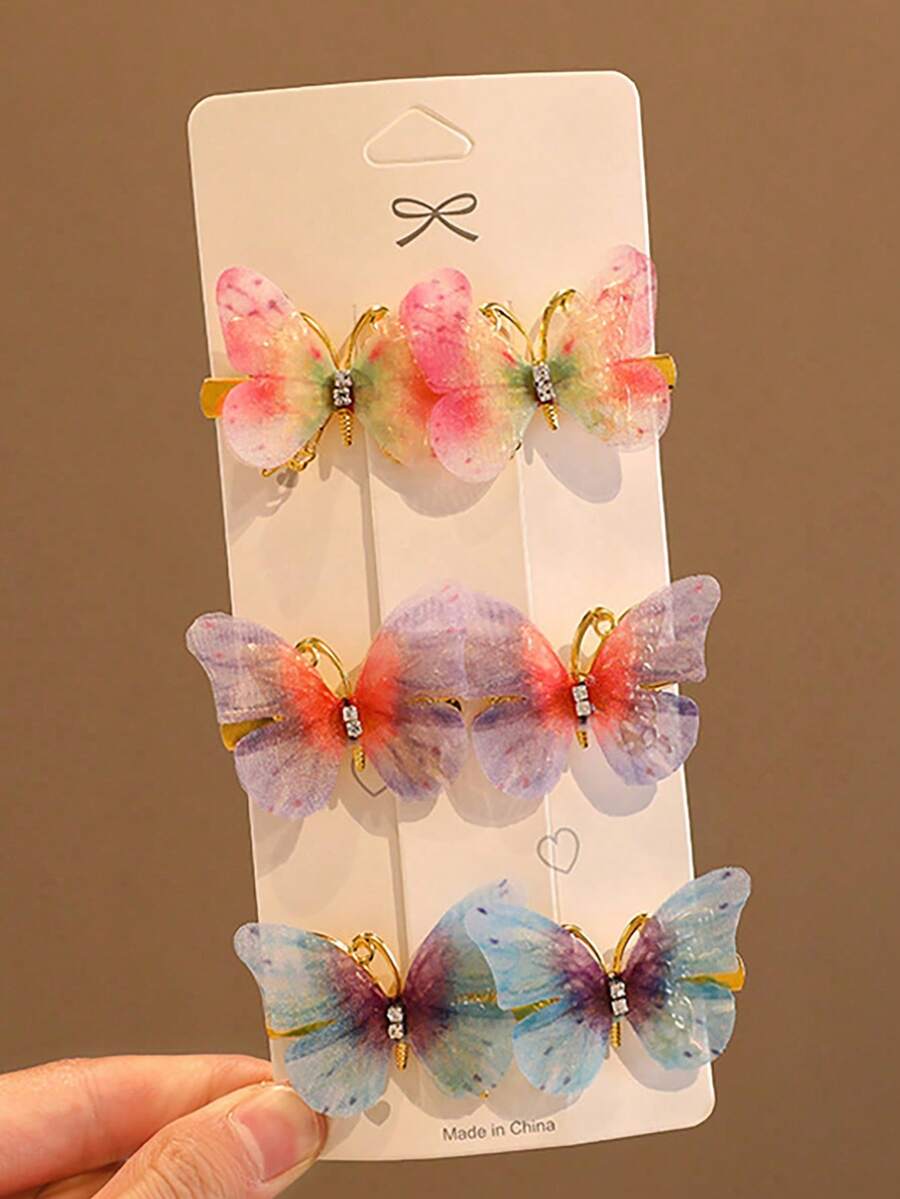 6 piezas de pinzas/accesorios de pelo de mariposas multicolores reales - rosa violeta azul - Ver 1