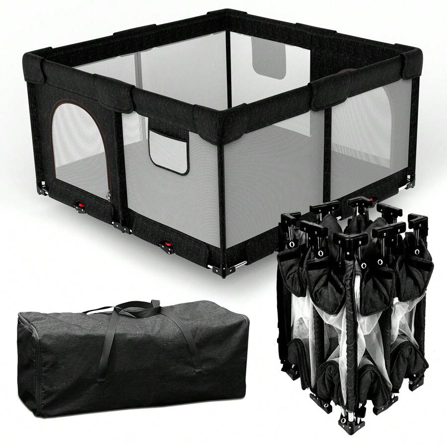 Foldable Baby Playpen,Collapsible Playpen For Babies And Toddlers, Extra Large Foldable Playpen For Baby With Gate, Baby Activity Center With Fence, Indoor & Outdoor Travel Play Pen (51"*51"/59"*71") - 黑色 - 查看 1