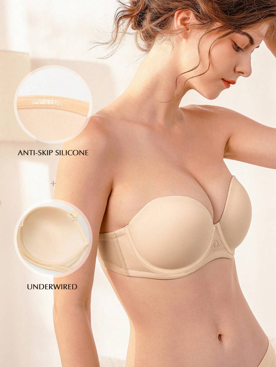 Strapless Push Up Bra, Full Coverage Underwire Multiway Contour Lingerie - Apricot - View 1