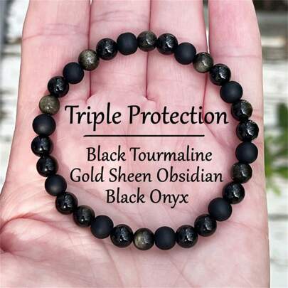 YAUKIA Pulsera de protección de piedra natural vintage, cuentas de turmalina negra y obsidiana, pulsera elástica de 6 mm, aporta una energía de arraigo y protección fuerte, yoga y meditación para mujeres y hombres, regalo perfecto para el Día del Padre