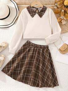 少女學院風長袖上衣和格子裙套裝 - 杏色 - 查看 1
