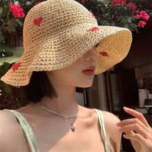 1 件女士心形编织渔夫帽，夏季，防晒，海滩度假，时尚户外旅行，波西米亚风情人节礼物 - 愛心漁夫手工草帽 - 查看 1