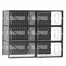 6packs Shoe Storage Boxes, Clear Plastic Stackable Shoe Organizer For Closet, Shoe Box With Magnetic Door, Foldable Shoe Storage Bin, Sneaker Storage Box Shoe Rack Container Holder - Black - View 2