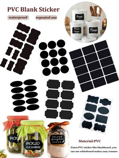 黑色PVC空白貼紙，可重複使用擦拭、防水、帶膠，家用廚房收納分類標籤材料，用於烘焙和甜點包裝貼紙，可命名保質期和使用期限，適用於玻璃瓶和調味品瓶，提供多種尺寸和形狀：24片/30片/36片/45片禮品袋用